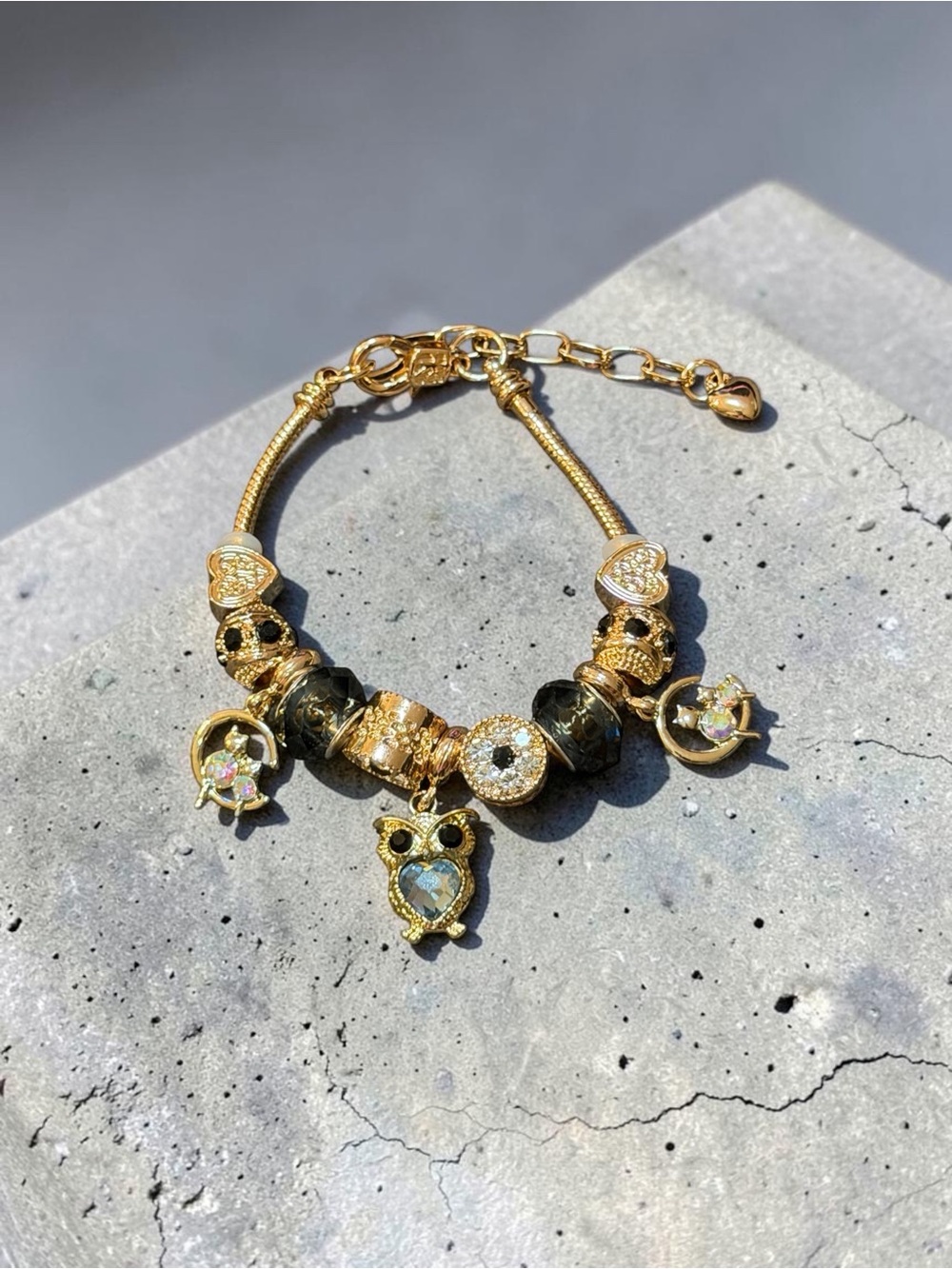 Gold-Tone Owl Charm Bracelet with Crystals - Women Jewelry